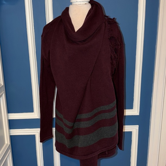 CAbi Port Fringe Wrap Cardigan Sweater Burgundy Gray - Size S - Picture 6 of 10